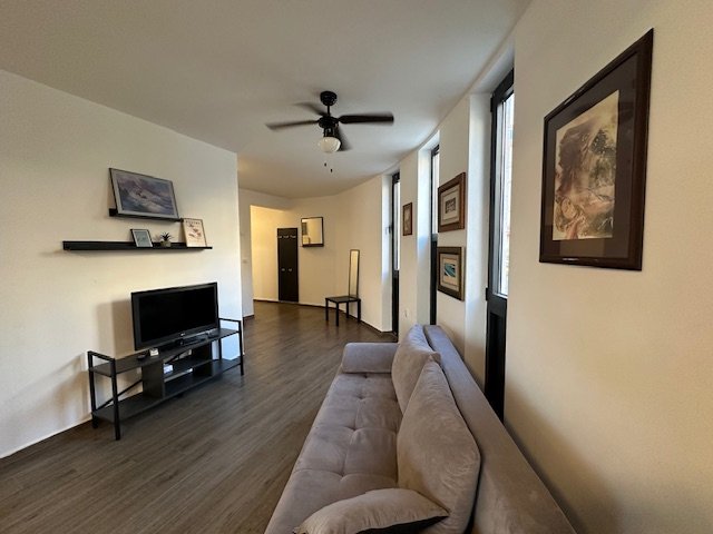 Stylish Ulcinj living room with gray sofa, framed art, wood floors, tall windows; exclusive on immorenta.me by ekosphere doo.