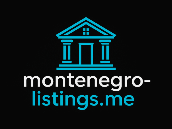 Markantes Logo mit blau umrandetem klassischem Geb&auml;ude und immorenta.me-Text hebt den Immobilienmarkt von Ulcinj hervor, erstellt von ekosphere doo.