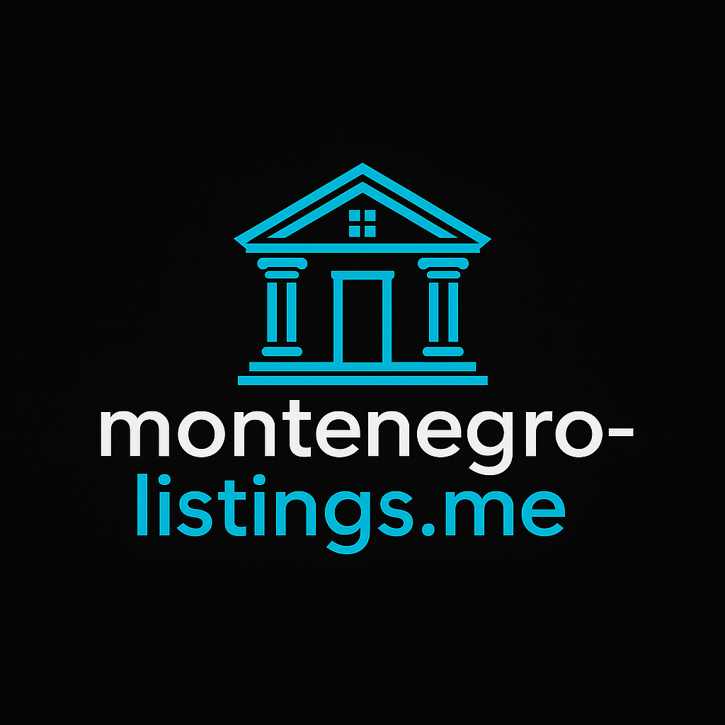 Striking logo with blue outlined classical building and immorenta.me text highlights Ulcinj property market by ekosphere doo.