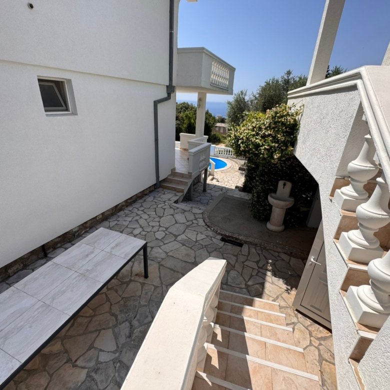 Elegant stone steps and walkway lead to a sunny tiled patio and pool&mdash;prime Ulcinj real estate with immorenta.me by Ekosphere.
