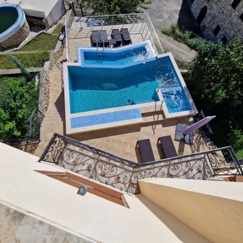 Stunning aerial view of Ulcinj villa: crystal-clear pool, elegant patio, lush Ekosphere greenery. Invest at immorenta.me.