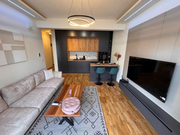 Contemporary Ulcinj apartment for sale: elegant living room, open kitchen, premium finishes. Montenegro-listings.me by Ekosphere doo.