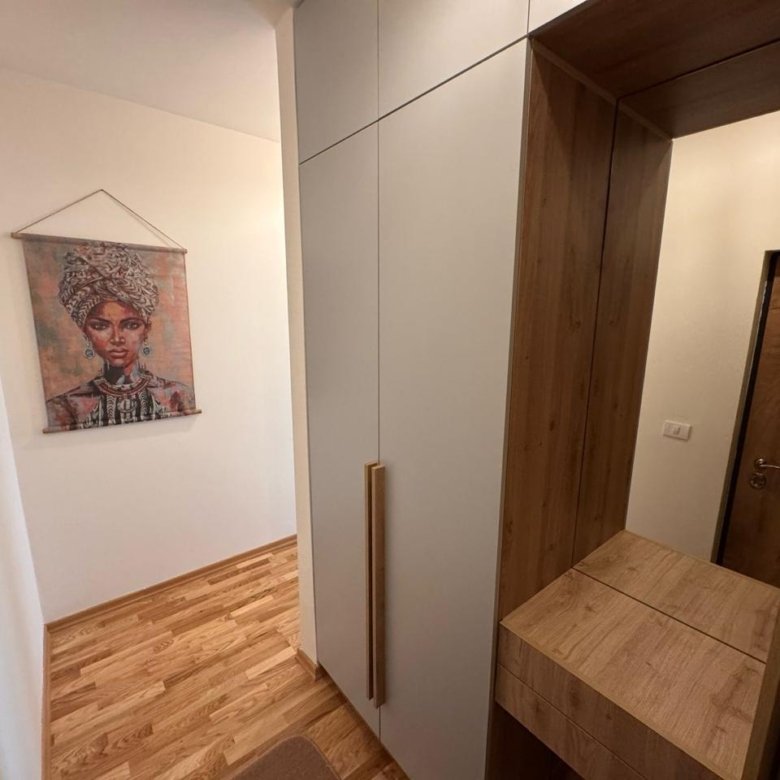 Elegant hallway in Ulcinj property: wooden floors, stylish closet, mirror, art. Invest on immorenta.me by ekosphere doo.