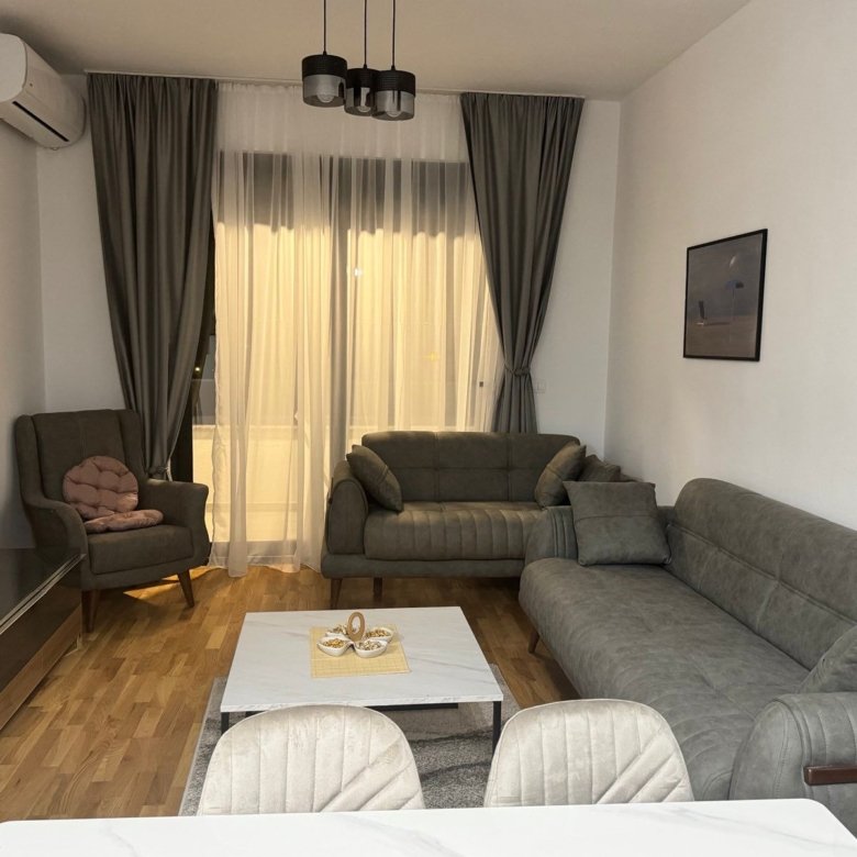 Stunning Ulcinj living room: gray sofa, armchair, chic d&eacute;cor, bright windows. Invest with immorenta.me by ekosphere doo.