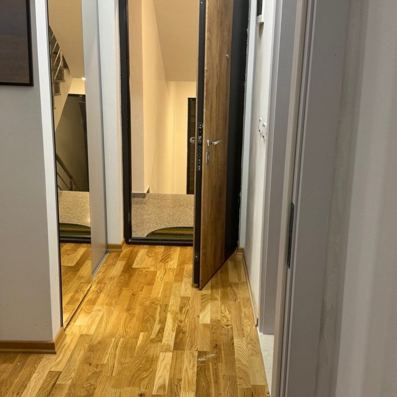 Elegant hallway with premium wooden floors, mirrored closet, stylish d&eacute;cor; leads to spacious carpeted corridor and stairs&mdash;ideal Ulcinj investment. Presented by immorenta.me, a project of ekosphere doo.