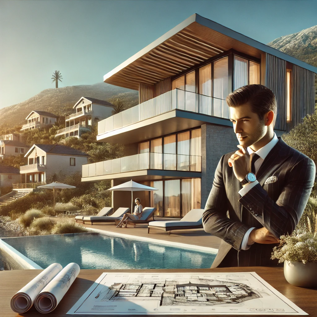 Beratung - Haus zu verkaufen: Professioneller Makler mit Baupl&auml;nen von luxuri&ouml;sem, modernem Haus zum Verkauf, Pool und malerischer Aussicht auf die H&uuml;gel in Ulcinj, Montenegro. Montenegro-listings.me