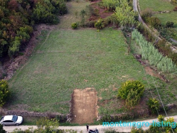Prime rectangular plot for sale in Ulcinj, Montenegro&mdash;lush green land bordered by trees, road access, ideal for investors.