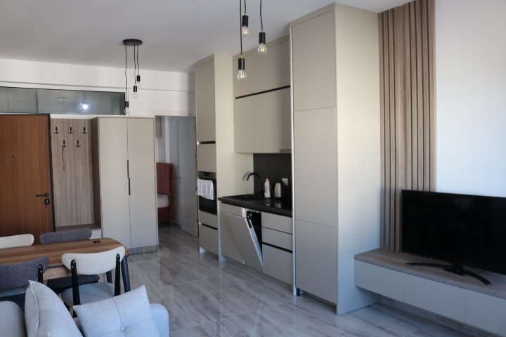 Modern Ulcinj apartment: light cabinetry, built-ins, designer lighting, wall TV, dining set, gray sofa. Exclusive at immorenta.me by ekosphere doo.