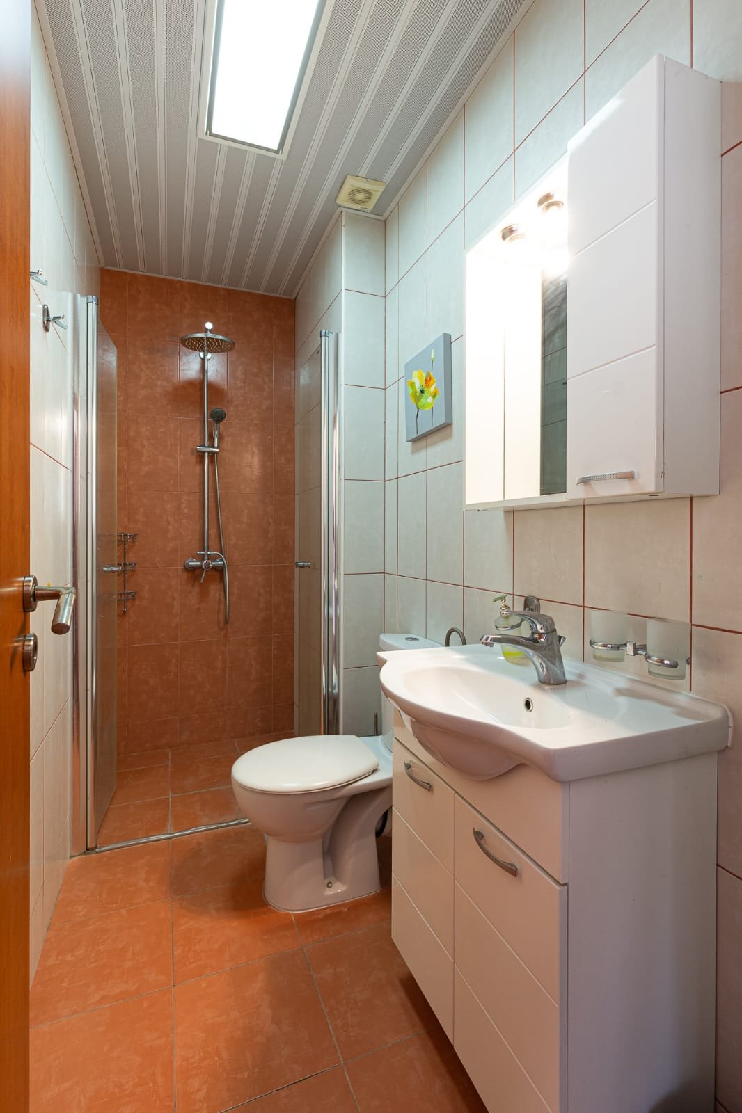 Modern, space-efficient bathroom in Ulcinj with orange tiles, premium fixtures, glass shower. Invest via immorenta.me by ekosphere doo.