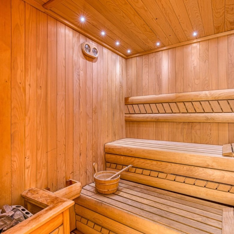 Luxurious wooden sauna with tiered benches, quality heater and ambient lighting&mdash;prime Ulcinj property. Montenegro-listings.me by Ekosphere DOO.