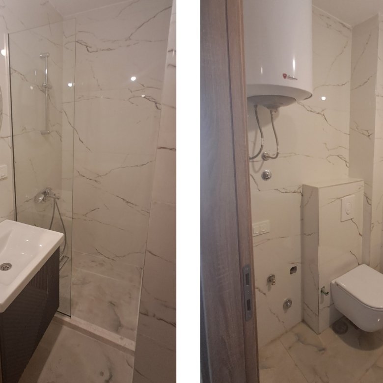 Stylish Ulcinj bathroom with marble tiles, modern walk-in shower, quality fixtures. Exclusively at immorenta.me by Ekosphere DOO.