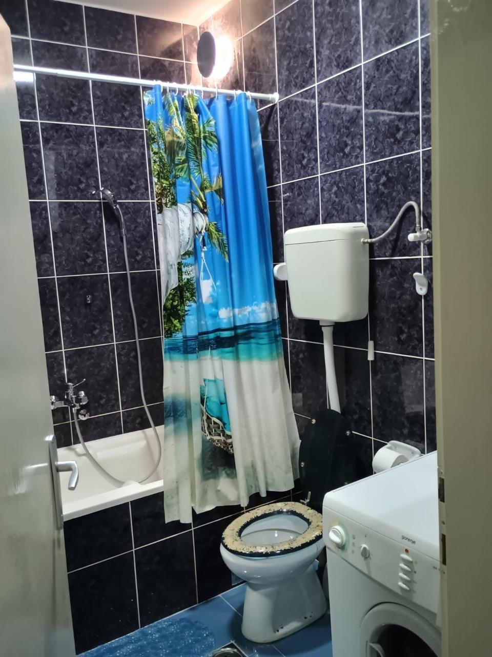 Modern compact bathroom in Ulcinj with stylish dark tiles, tropical shower curtain, washer, and essentials&mdash;exclusive at immorenta.me.