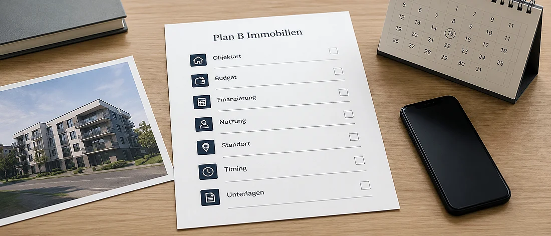 Auf einem Schreibtisch liegt eine Checkliste mit dem Titel „Plan B Immobilien“, auf der Punkte wie Objekttyp, Budget, Finanzierung, Nutzung, Lage, Zeitplan und Unterlagen aufgeführt sind; daneben liegen ein Smartphone, ein Kalender, ein Foto eines Gebäudes und ein geschlossenes Buch.