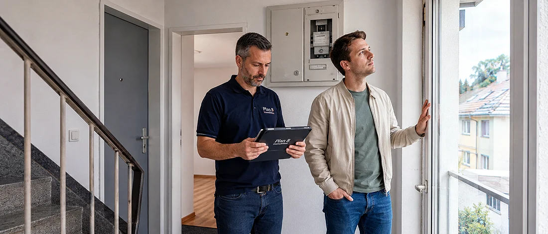 Zwei Männer stehen in einem Flur in der Nähe einer Treppe; der eine benutzt ein Tablet, während der andere aus der offenen Tür schaut. An der Wand ist ein Schaltschrank zu sehen, und im Hintergrund stehen die Türen zu anderen Räumen offen.