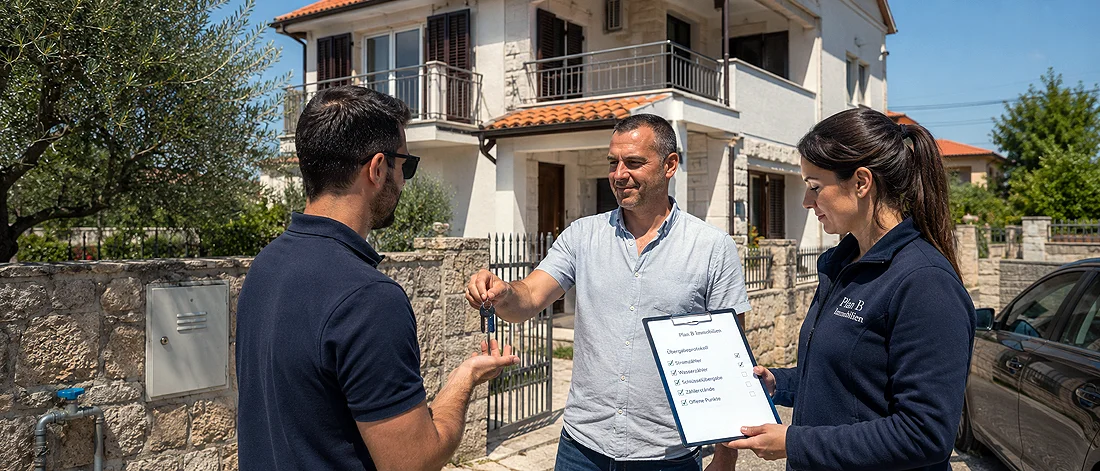 Kaufbegleitung - Drei Personen stehen vor einem Haus; ein Mann übergibt einem anderen Mann Schlüssel, während eine Frau ein Klemmbrett mit einer Checkliste in der Hand hält. Das Haus hat weiße Wände, ein rotgedecktes Dach und einen Steinzaun.