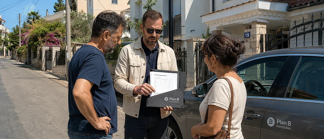 Ein Mann, der eine Mappe in der Hand hält, zeigt einem Mann und einer Frau, die neben einem geparkten Auto mit der Aufschrift „Plan B Immobilien“ in einer Wohnstraße stehen, einige Unterlagen.