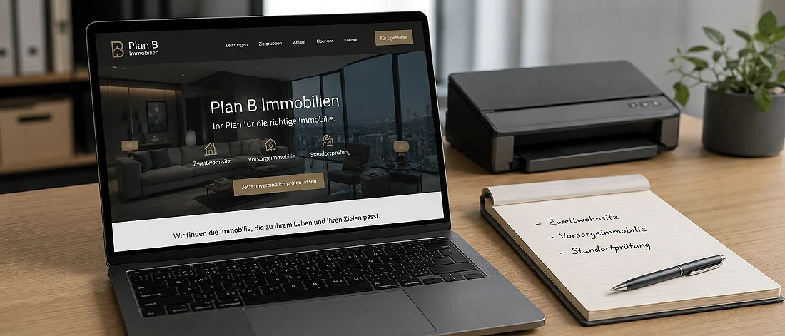 Auf einem Schreibtisch steht ein Laptop, auf dem die Website von Plan B Immobilien zu sehen ist. Daneben liegen ein Notizblock mit handschriftlichen Notizen, ein Stift und ein Drucker. Der Arbeitsplatz wirkt aufgeräumt und modern.