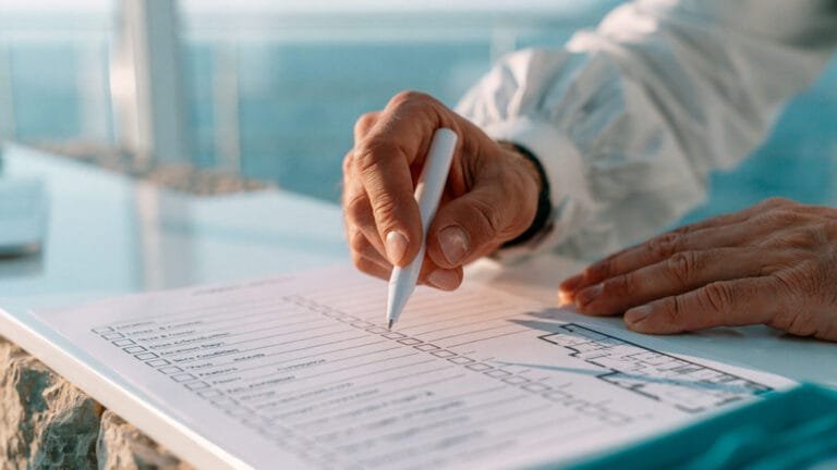 Hand mit Stift beim Prüfen einer Checkliste und eines Grundrisses.