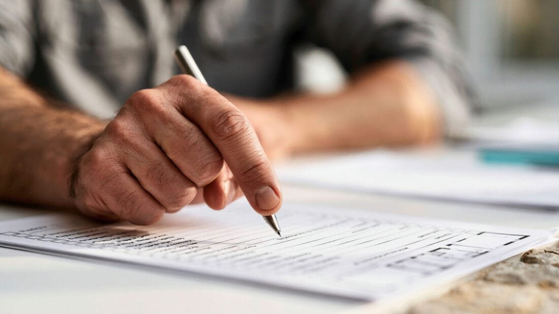 Eine Hand mit einem Stift füllt am Schreibtisch ein Papierformular aus; weitere Dokumente sind unscharf im Hintergrund zu sehen.