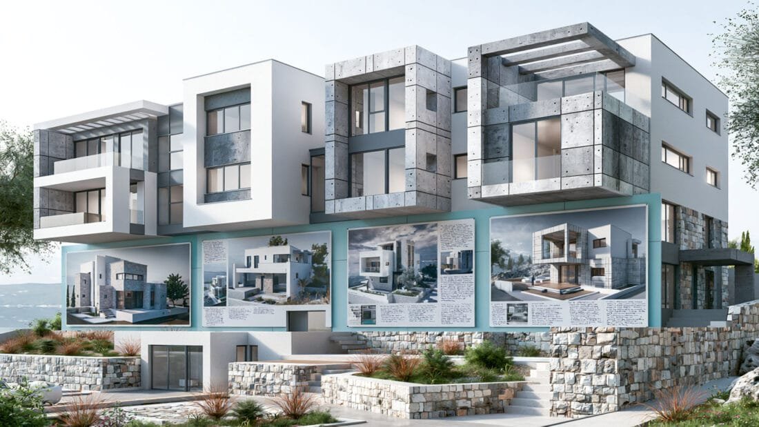 Modernes mehrstöckiges Gebäude mit großen Fenstern und Betonakzenten. Im unteren Bereich sind an der Außenwand mehrere Architekturdarstellungen und Texttafeln angebracht. Der Eingangsbereich ist von Steinmauern und begrünten Flächen umgeben.