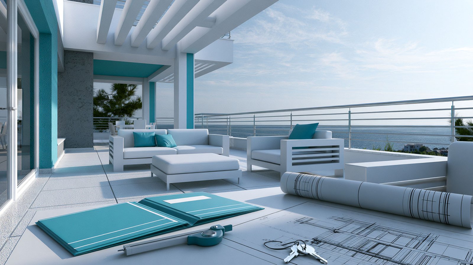 Moderne Terrasse mit weißen Möbeln, türkisfarbenen Akzenten, Bauplänen, einem Schlüsselbund und Blick auf das Meer unter strahlend blauem Himmel. Eine Pergola spendet dem Sitzbereich teilweisen Schatten.