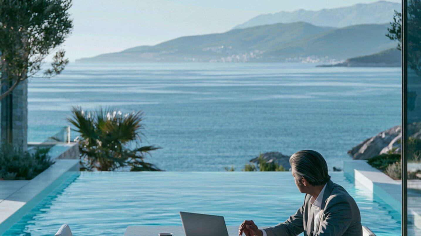 Eine Person im Anzug sitzt an einem Tisch im Freien mit Laptop, Kaffeetasse und Notizbuch; Blick auf den Pool, das Meer und die fernen Berge bei klarem Himmel.