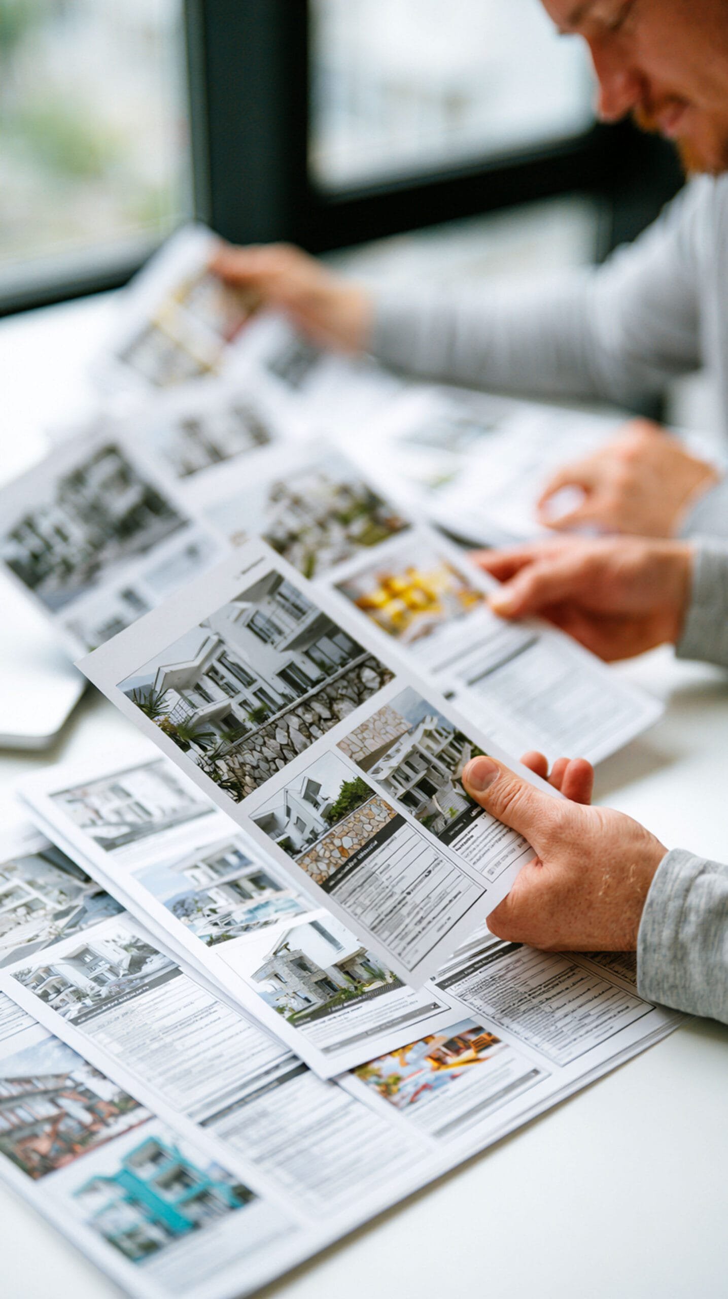 Zwei Personen sehen sich ausgedruckte Immobilienangebote mit Fotos und Angaben an. In ihren Händen halten sie Blätter, weitere Exposés liegen auf einem weißen Tisch.