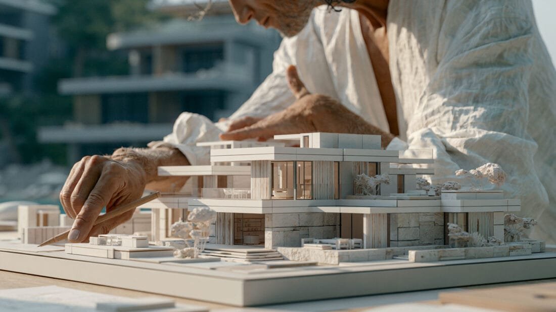 Eine Person in einem hellen Hemd arbeitet mit einem Bleistift an einem Architekturmodell eines modernen Gebäudes; im Hintergrund sind mehrere ähnliche Modelle unscharf zu sehen.
