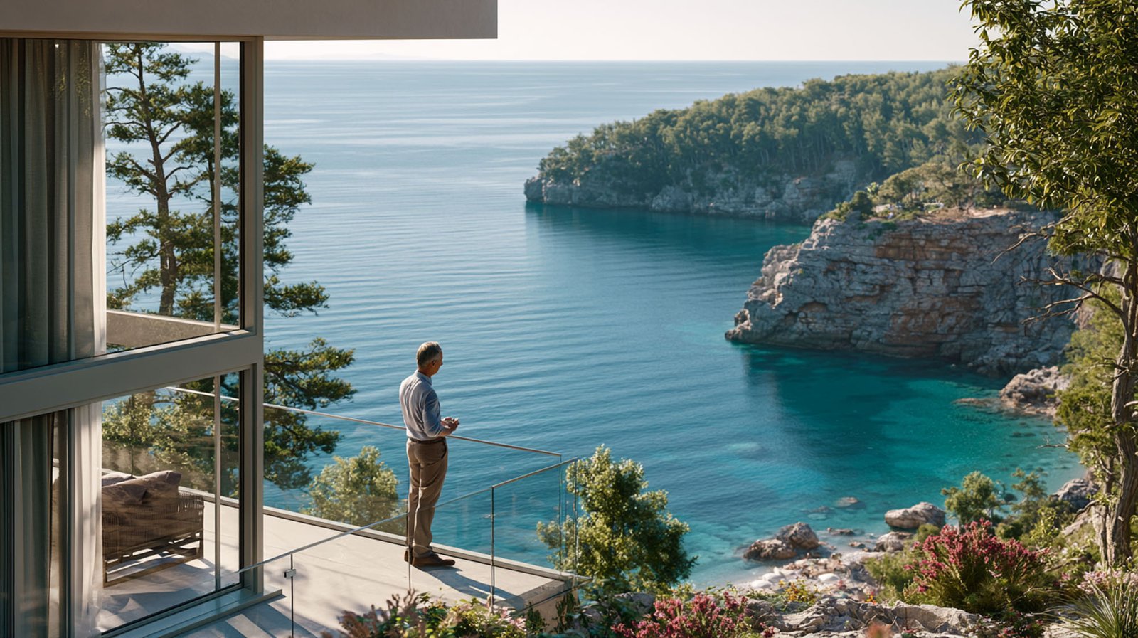 Eine Person auf einer modernen Balkonbrüstung mit Blick auf eine ruhige, blaue Bucht, umgeben von Felsen und dichtem Baumbestand, im Sonnenlicht.