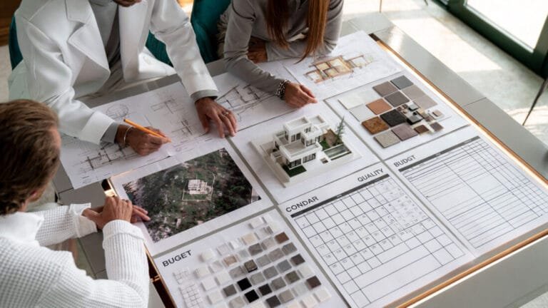 Bauplan, Materialmuster und Hausmodell auf einem Tisch.