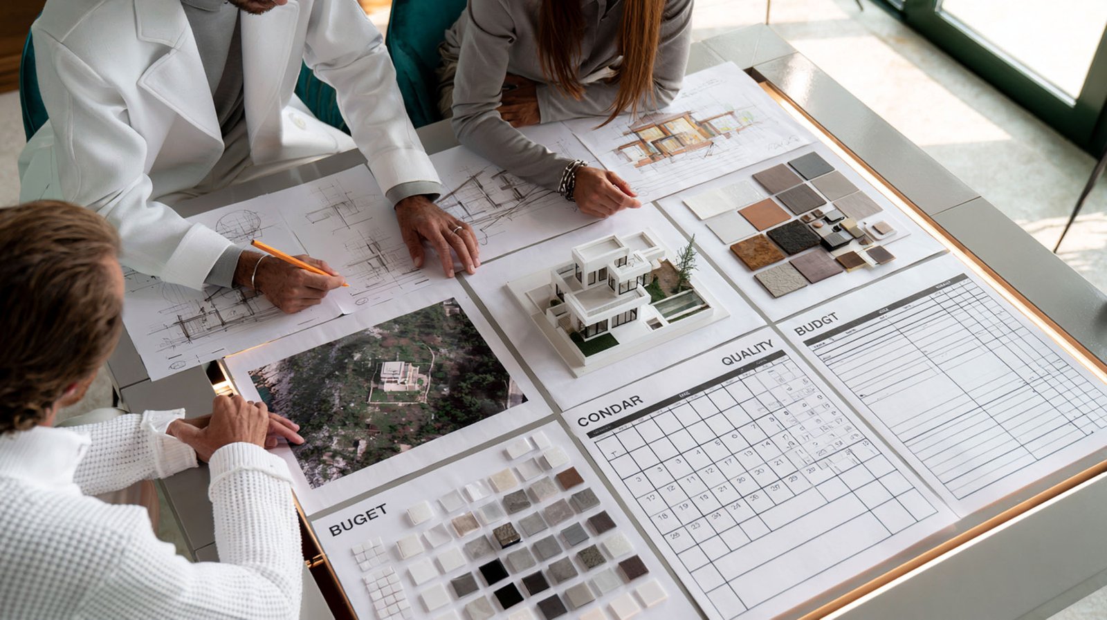 Drei Personen sehen sich an einem Tisch Baupläne, Materialmuster, ein Hausmodell sowie Tabellen mit den Überschriften „BUDGET“, „ZEITPLAN“ und „QUALITÄT“ an und besprechen Einzelheiten eines Bau- oder Gestaltungsprojekts.