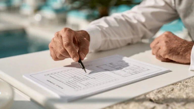 Hand mit Stift über einem Dokument.