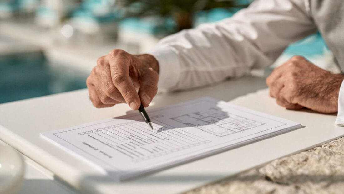 Eine Person in einem weißen Hemd hält einen Stift in der Hand und zeigt auf ein Dokument mit einem Diagramm und einem Grundriss, das auf einem Tisch im Freien neben einem Pool liegt.