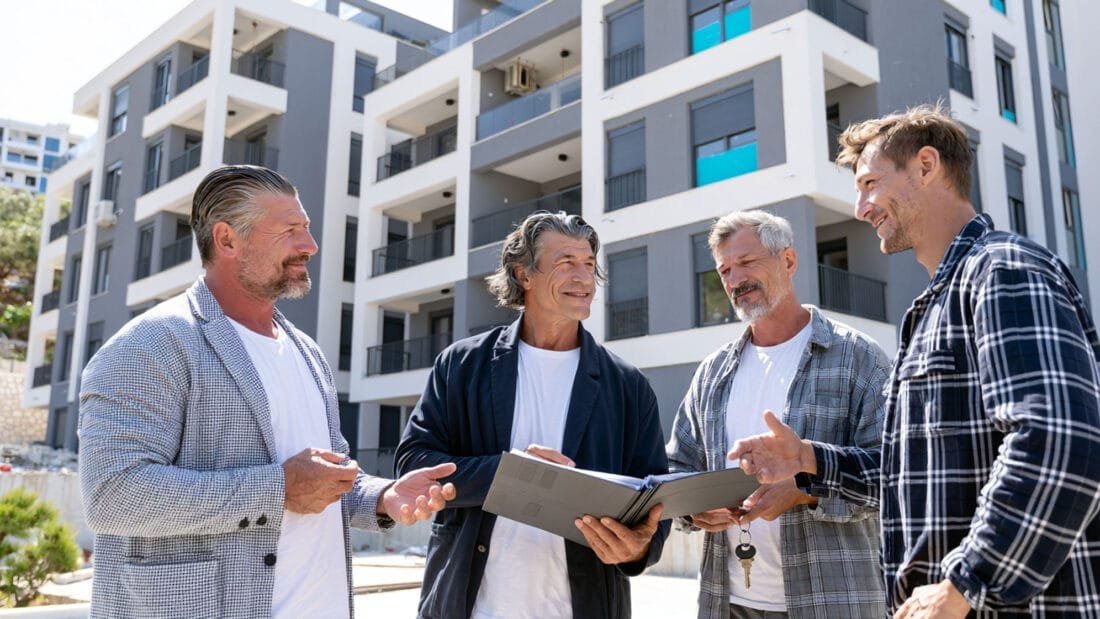 Sachwert Immobilie - Vier Personen besprechen vor einem modernen Wohngebäude Immobilienunterlagen.