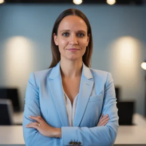 Eine Frau mit glattem braunem Haar, hellblauem Blazer und weißer Bluse steht mit verschränkten Armen in einem modernen Büro vor unscharfen Lichtquellen.