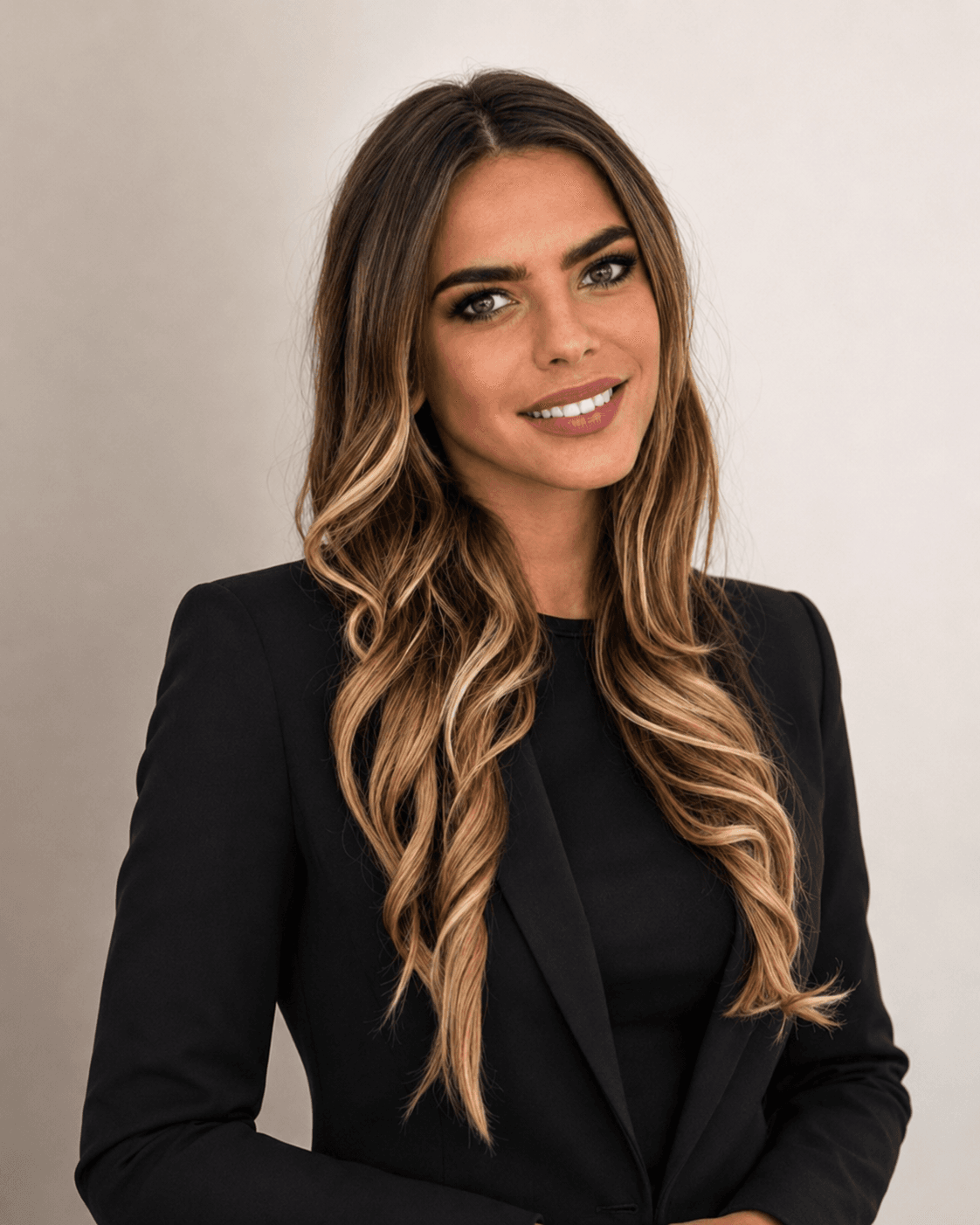 Eine Frau mit langen, gewellten, hellbraunen Haaren, die einen schwarzen Blazer und ein Top trägt, steht vor einem neutralen Hintergrund und lächelt in die Kamera.