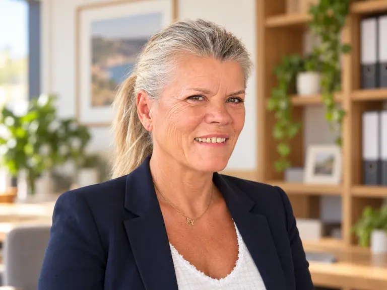 Eine Frau mit grauen Haaren, die einen Pferdeschwanz trägt, und einem dunklen Blazer lächelt in einem Büro in die Kamera.