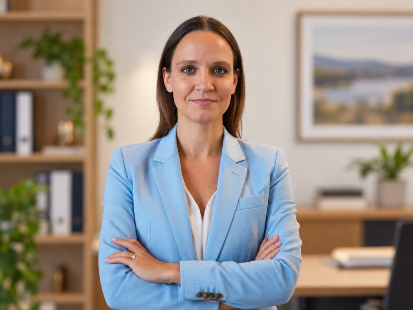 Eine Frau in einem hellblauen Blazer steht mit verschränkten Armen im Büro; im Hintergrund sind Regale, Pflanzen und ein gerahmtes Landschaftsbild zu sehen.
