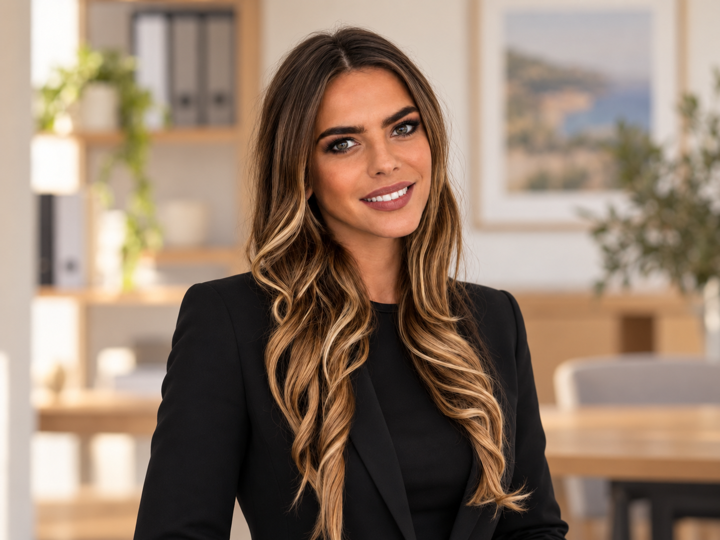 Eine Frau mit langen, welligen braunen Haaren und einem schwarzen Blazer steht lächelnd in einem Raum, in dessen Hintergrund Regale, Pflanzen und ein gerahmtes Bild zu sehen sind.