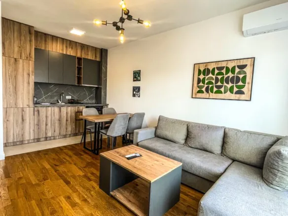 Stylish Ulcinj apartment features a modern living room, premium kitchen, chic dining, and AC&mdash;exclusive at immorenta.me by ekosphere doo.